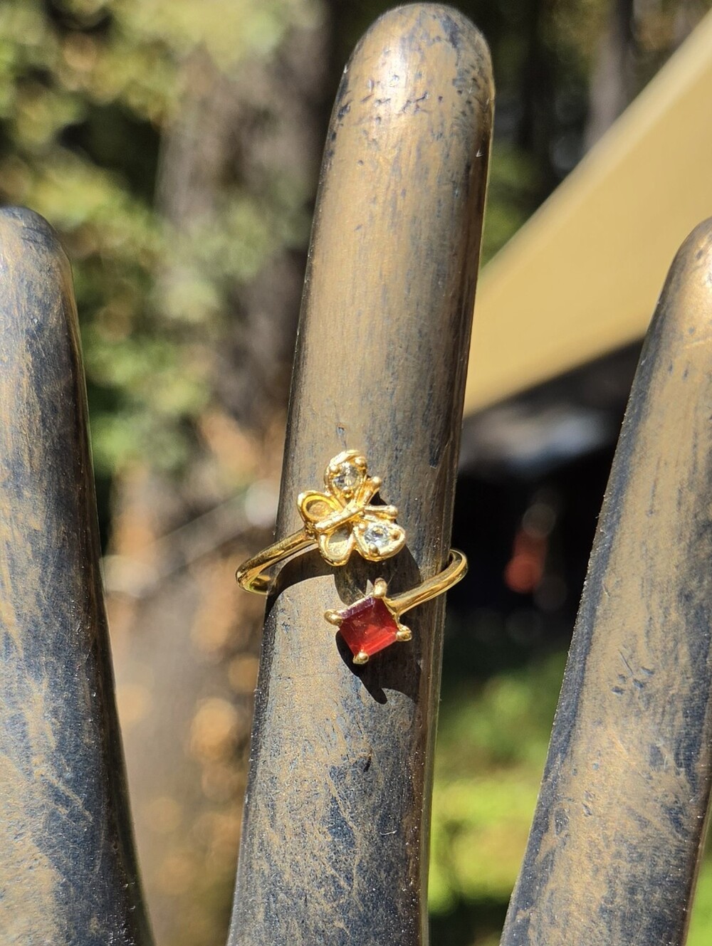 Garnet & Topaz Natural Gemstone Butterfly Sterling & Gold Ring Sz6.5 Adjustable - Picture 3 of 8
